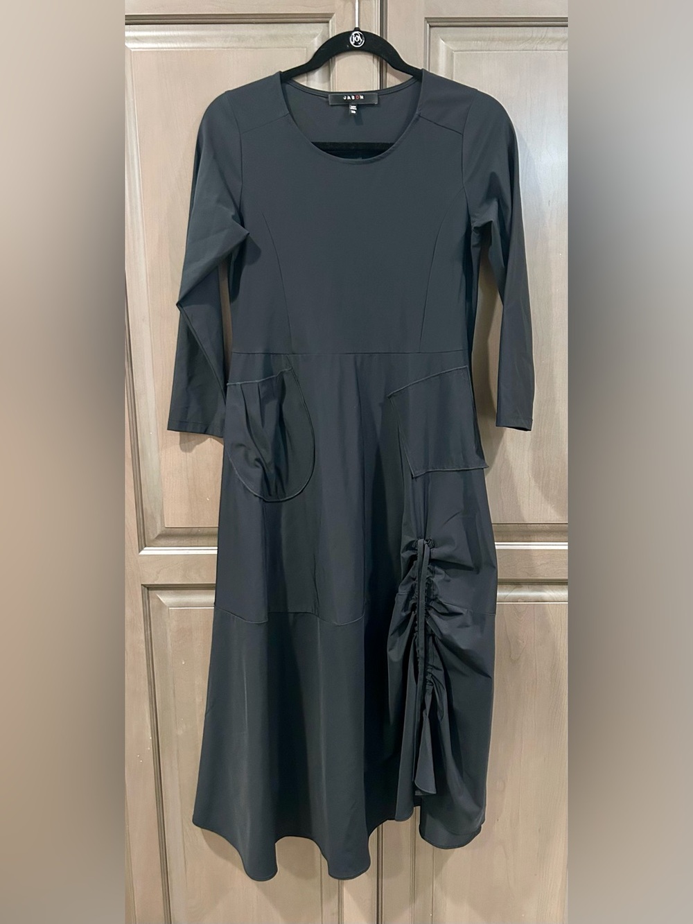 Jason by Comfy USA Asymmetric Ruched Midi Dress in Black, Size XS